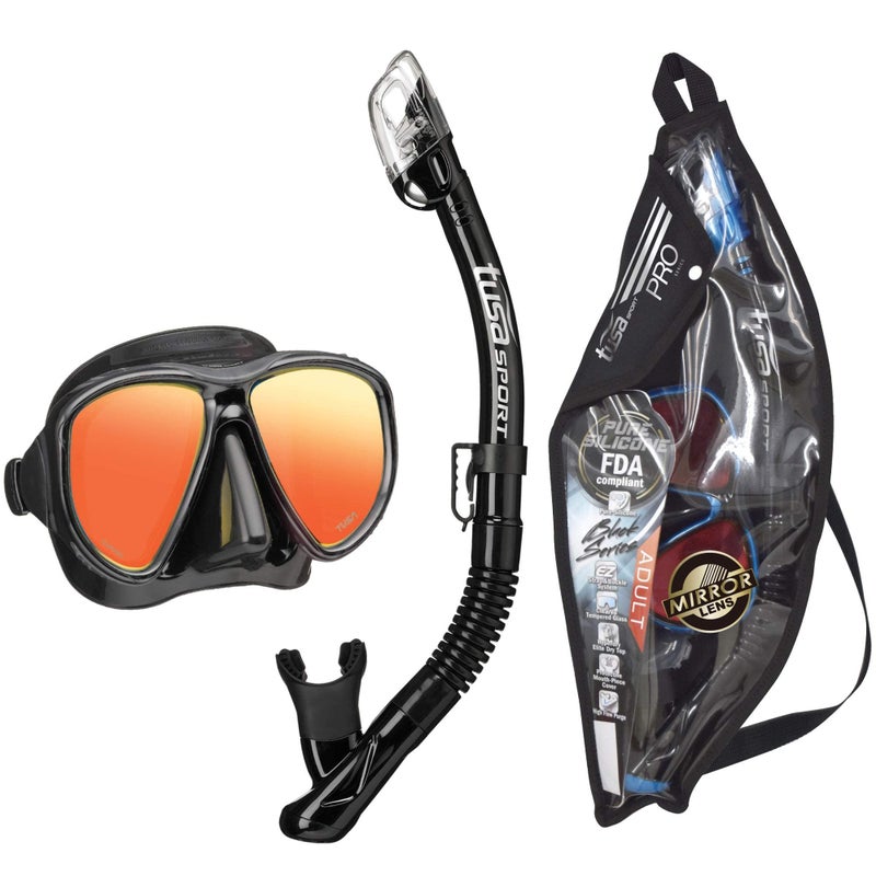 TUSA Sport Adult Powerview Mask and Dry Snorkel Combo, Black/Black Mirrored Lens (w/Reusable Bag) (UC-2425PMQB-BKB) - Image 1